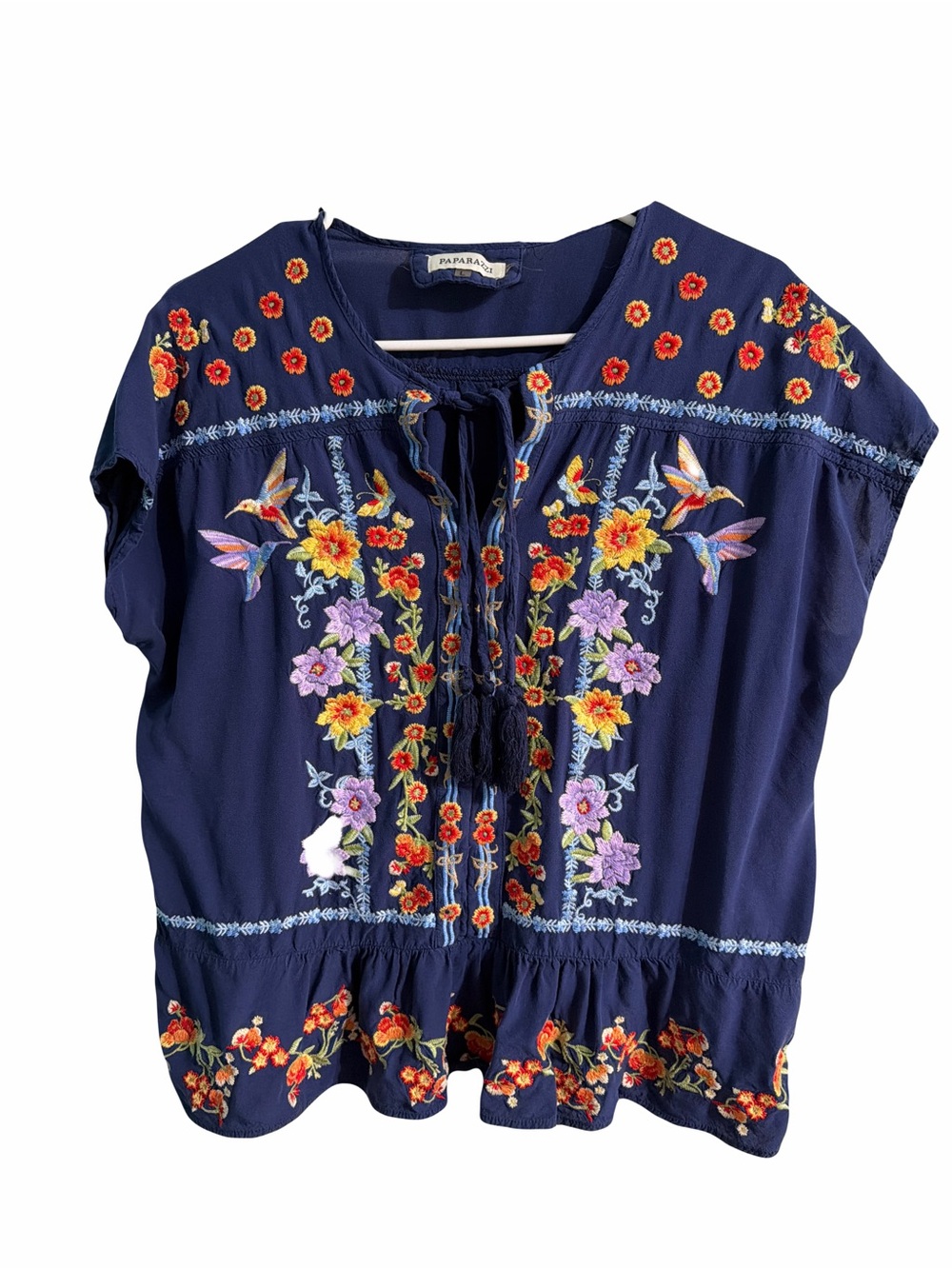 Paparazzi Navy Embroidered Floral Peasant Top